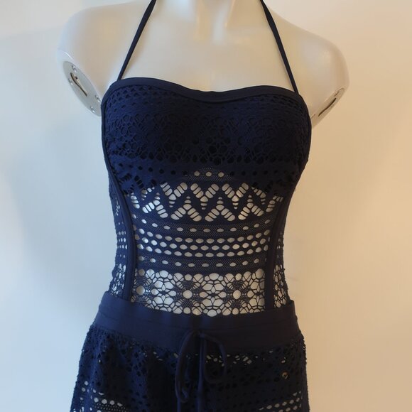 Womens Robin Piccone Navy Crochet 2Pc Set Cover-Up Short/M One Piece Swimsuit/8* - Picture 8 of 13